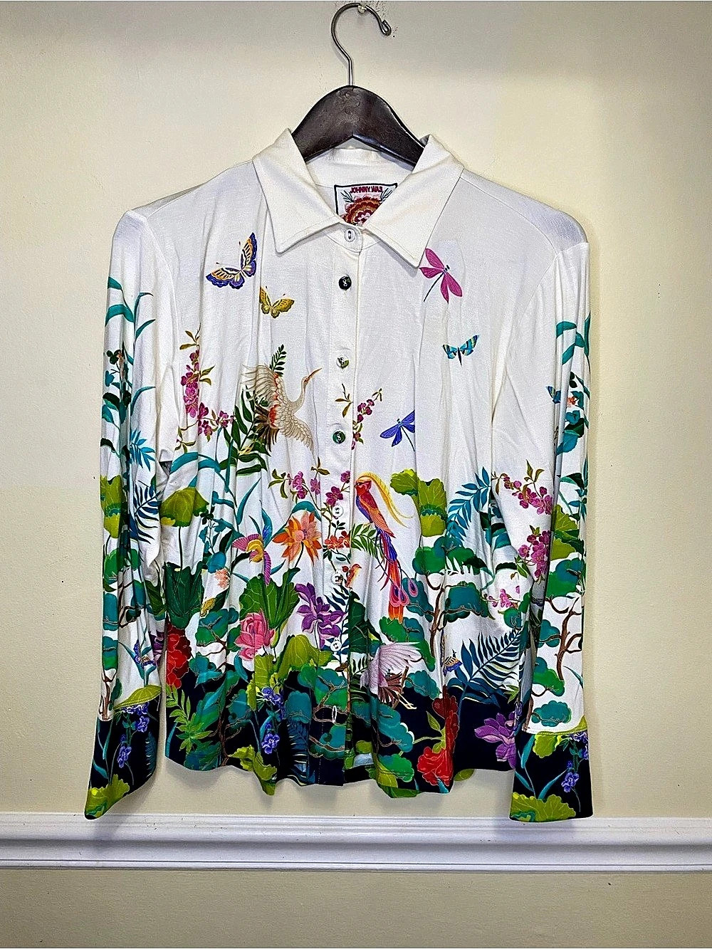 Johnny Was Floral Button Down Blouse in White & Multicolor Size PL